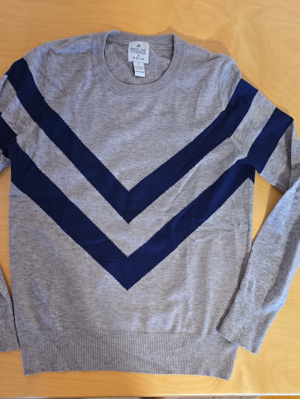 Aqua Gray Crewneck Sweater with Navy Chevron Stripes
